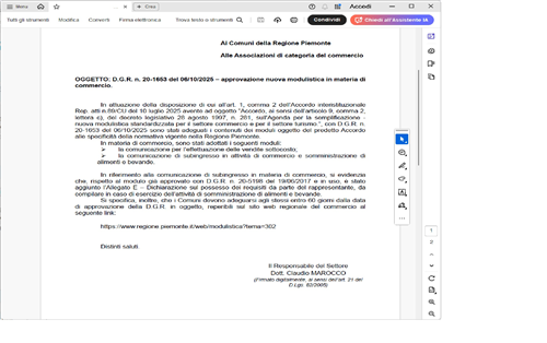 AGGIORNAMENTO modulistica somministrazione di alimenti e bevande - Regione Piemonte - D.G.R. 20-1653 DEL 06-10-2025.