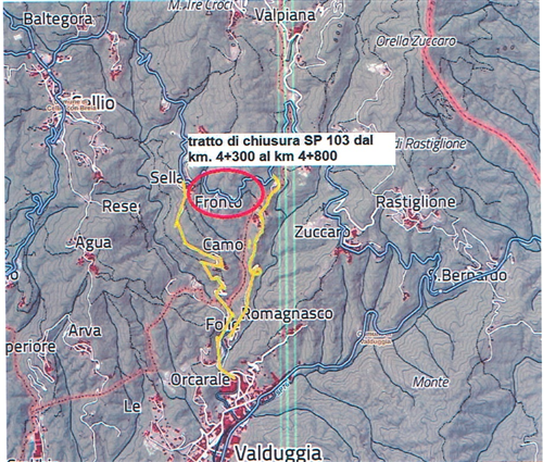 S.P. 103 â€œCELLIO - ZUCCAROâ€ in localita' FRONTO, nel territorio comunale di CELLIO CON BREIA.  interruzione viabilita' temporanea, per esecuzione lavori di consolidamento scarpata e allargamento banchina. Chiusura totale da lunedì 02-03-2026 a venerdì 20-03-2026 nel seguente orario 8:00â€”17:00, viabilità alternativa evidenziata in giallo nella mappa.