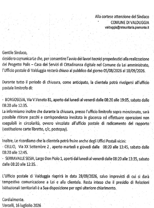 Comunicazione Poste Italiane, temporanea chiusura ufficio postale Via Roma dal 05-08 al 18-09-2026, per lavori realizzazione progetto Polis.