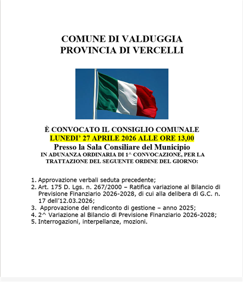 Convocazione del Consiglio Comunale per Lunedì 27 Aprile 2026 alle ore 13:00