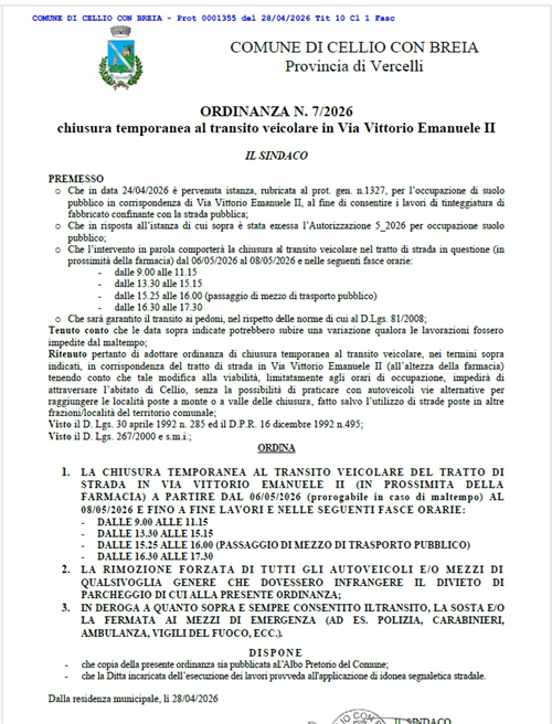 Ordinanza n.7-2026 Comune di Cellio con Breia, temporanea chiusura transito veicolare Via V. Emanuele II dal 06-5 al 08-05-2026.