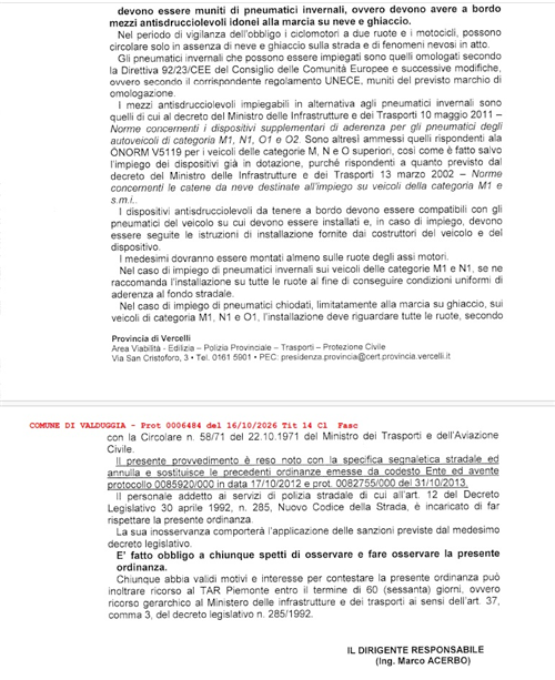 Provincia di Vercelli comunicazione provvedimenti per la circolazione con pneumatici da neve o con catene a bordo dei veicoli transitanti lungo tutte le strade provinciali durante il periodo invernale. trasmissione ordinanza.