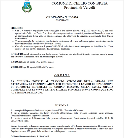 Comune di Cellio con Breia- ordinanza n.26-2026, temporanea chiusura della strada che attraversa la Fraz. Arva, lunedì 28-09-2026.
