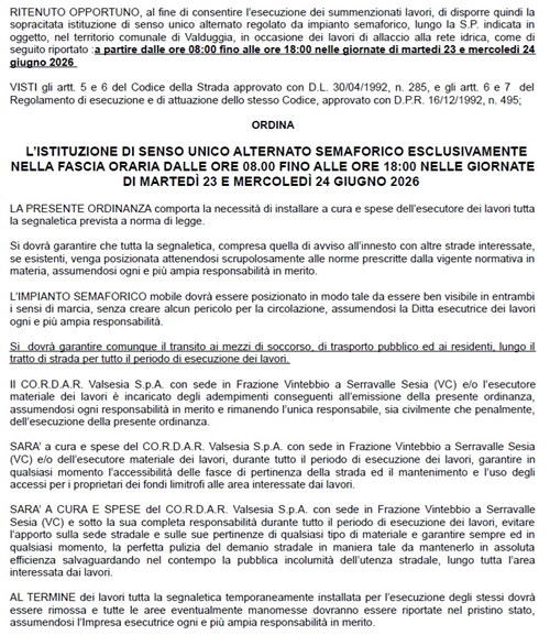 Ordinanza Prov. Vercelli, lavori su strada provinciale n.76 - nei giorni 23 e 24 giugno, dalle 08.00 alle 18.00.senso unico alternato con impianto semaforico.
